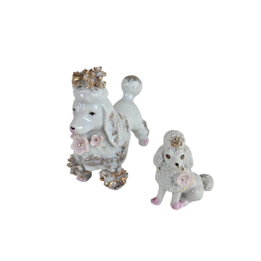 Vintage Porcelain Spaghetti Poodle Figurines Set Of 2 Gold Leaf In Japan
